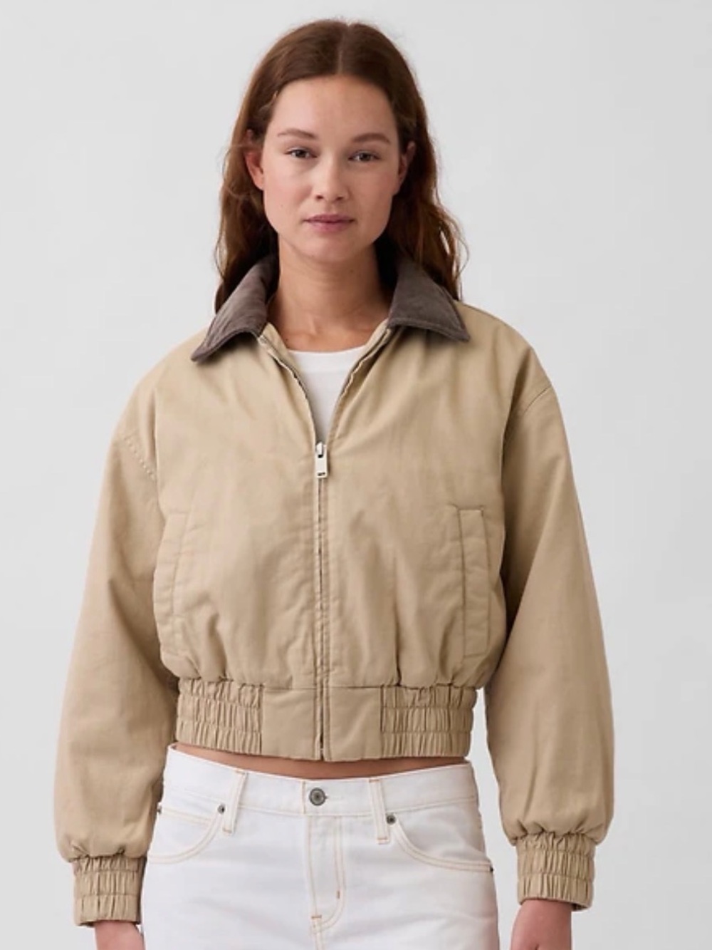 Cropped Beige Bomber Jacket with Corded Contrast Collar